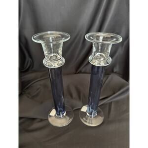 Vintage Pair Cobalt Blue and Clear Tubular Glass Candleholders